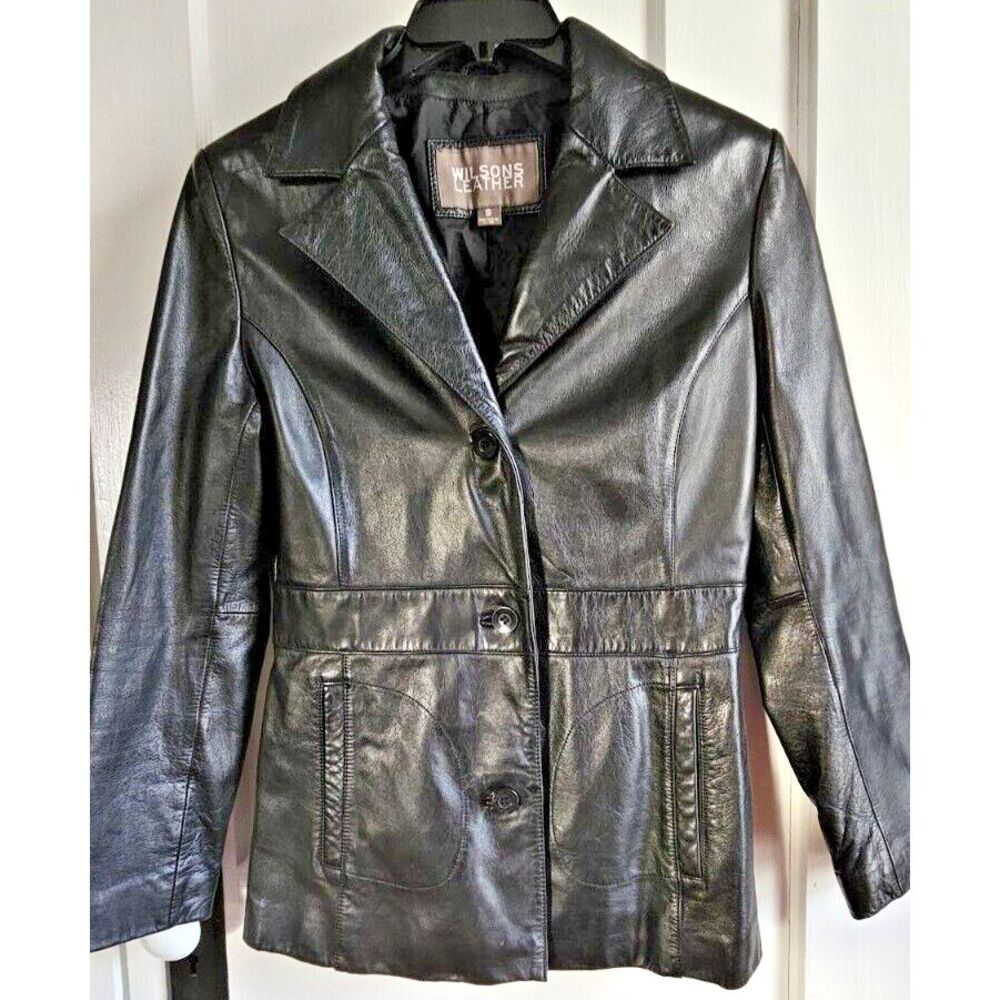 VTG WILSON LEATHER black woman single breasted coat Sz SMALL